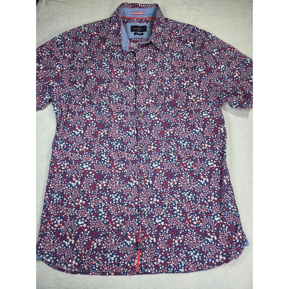 Across The Pond Shirt Mens Large Floral Button Down Blue Red Cotton Summer